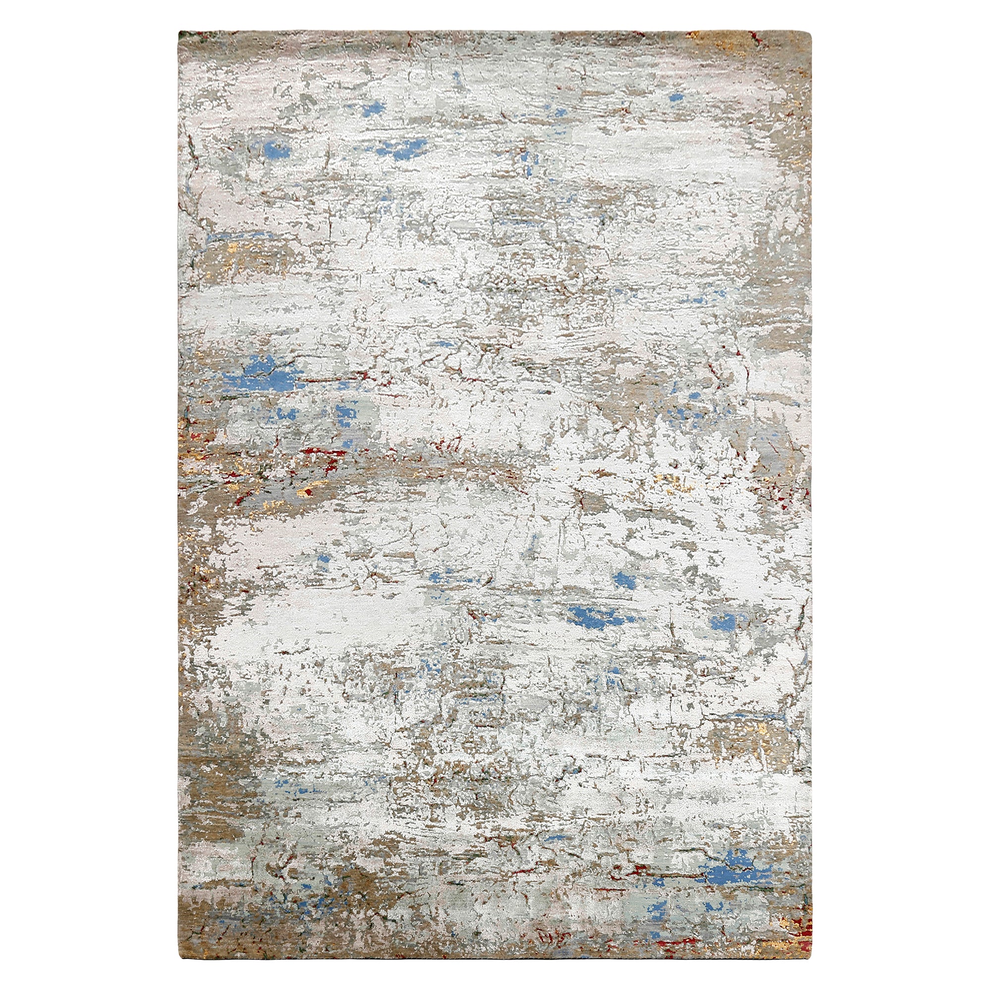 Cloudstone blue abstract hand knotted wool and viscose rug with ivory beige and powder-blue distressed detailing