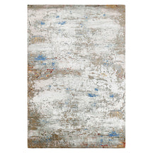 Cloudstone blue abstract hand knotted wool and viscose rug with ivory beige and powder-blue distressed detailing