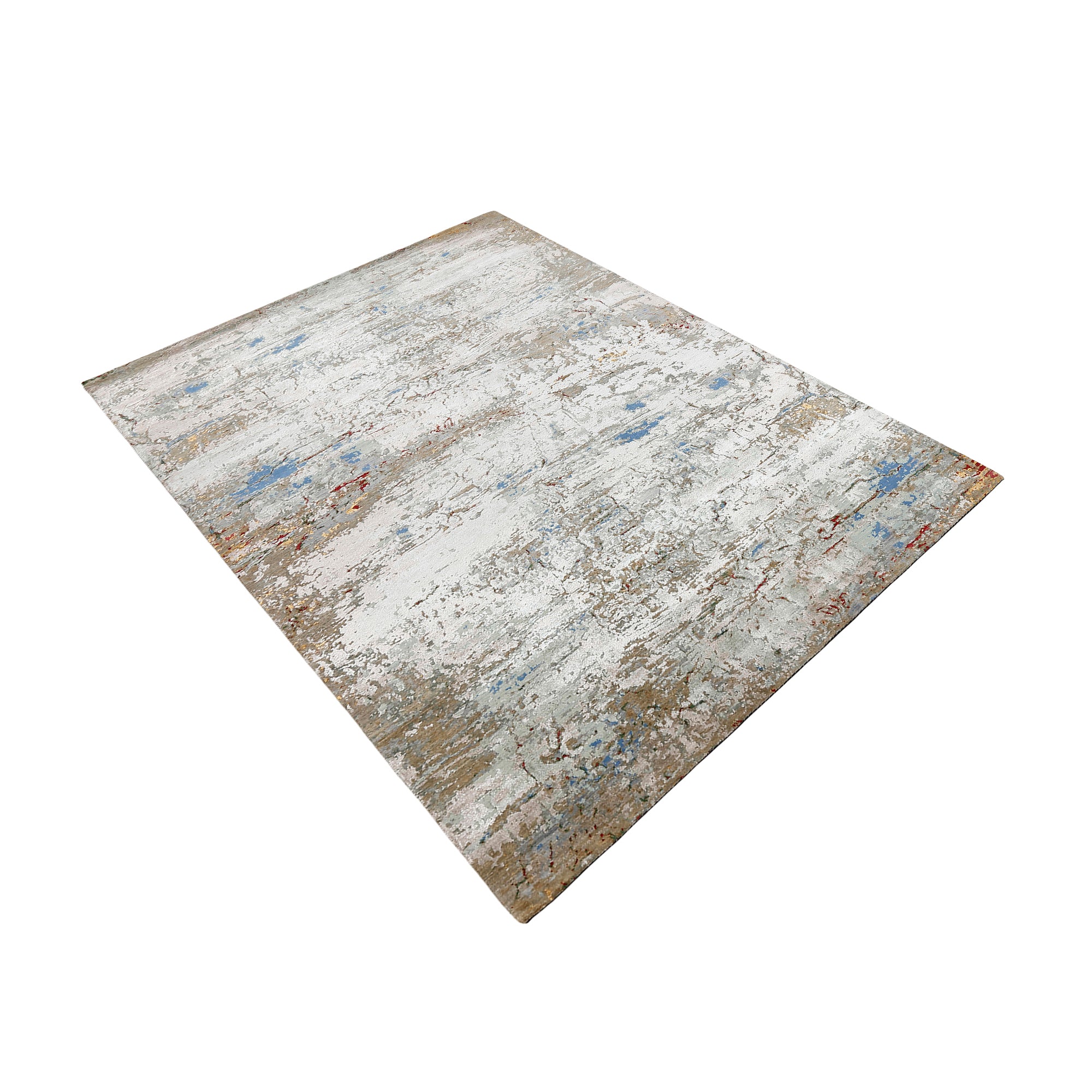 Cloudstone blue abstract hand knotted wool and viscose rug with ivory beige and powder-blue distressed detailing