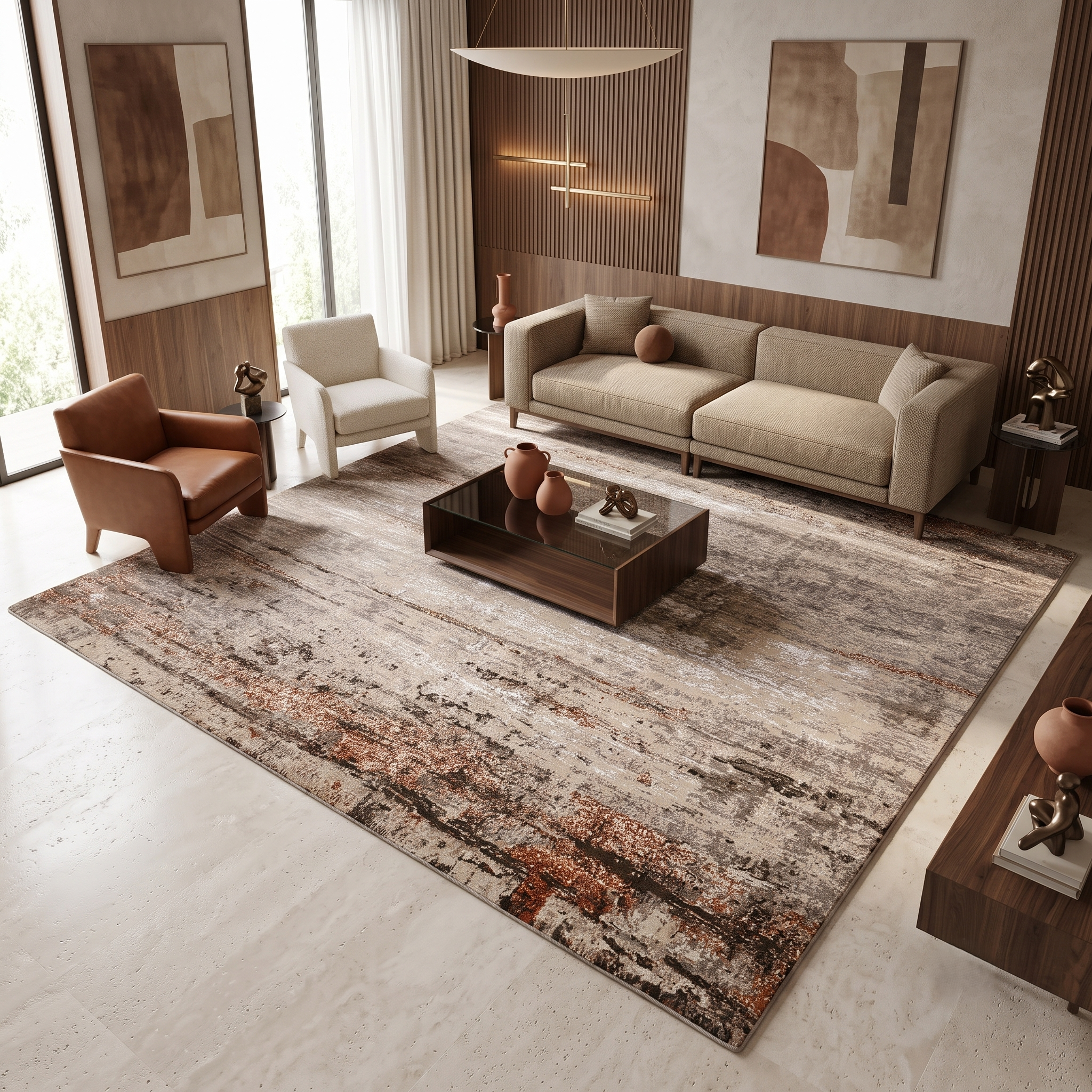 Copper Drift hand knotted modern wool and viscose rug displayed in a contemporary neutral living room
