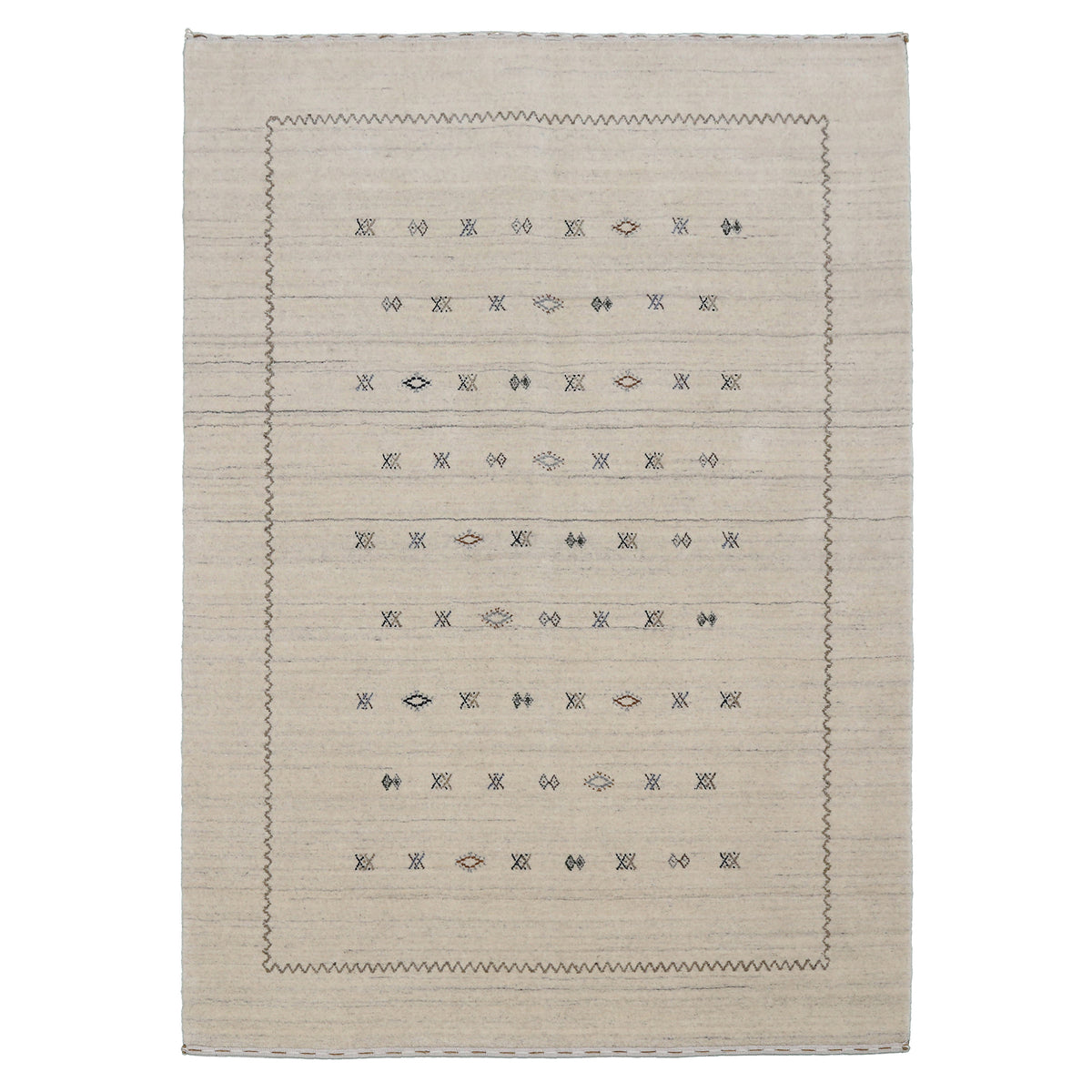 Full view of ivory Hand Woven Loom Lori wool rug with grey striations, horizontal tribal motif rows and zigzag border