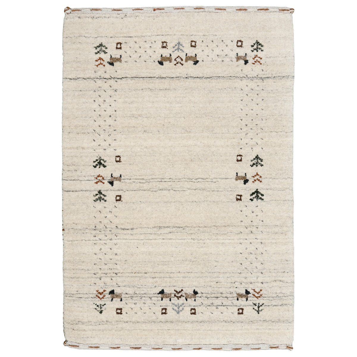 Full view of ivory Hand Woven Loom Lori wool rug with grey striations, dotted framing and earthy animal-inspired folk motifs