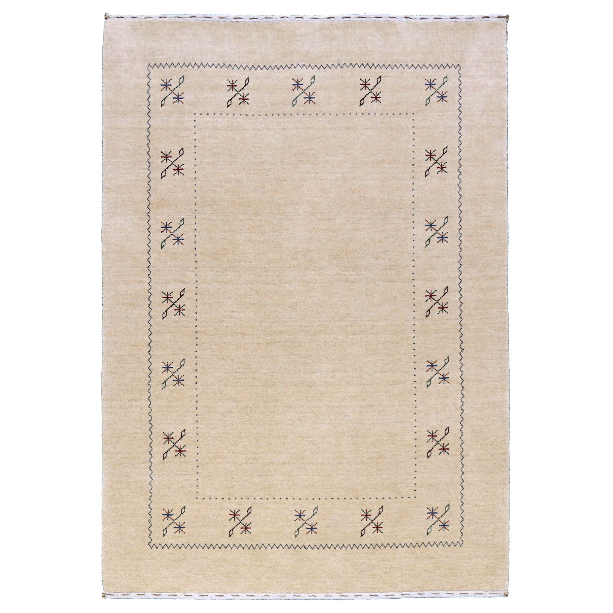 Full view of cream Hand Woven Loom Lori wool rug with multicolour floral motifs and delicate geometric border