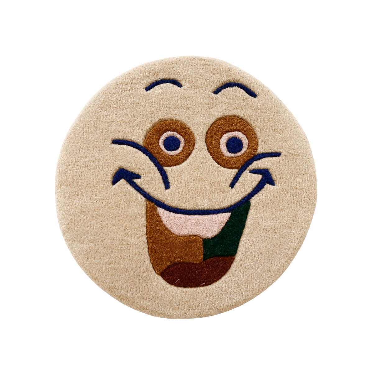 Full view of cream round hand tufted wool kids rug featuring a playful happy face with navy blue, brown, blush, green and rust details.