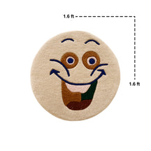Close-up of cream happy face hand tufted wool kids rug highlighting its soft wool texture, plush pile and raised colourful facial details.