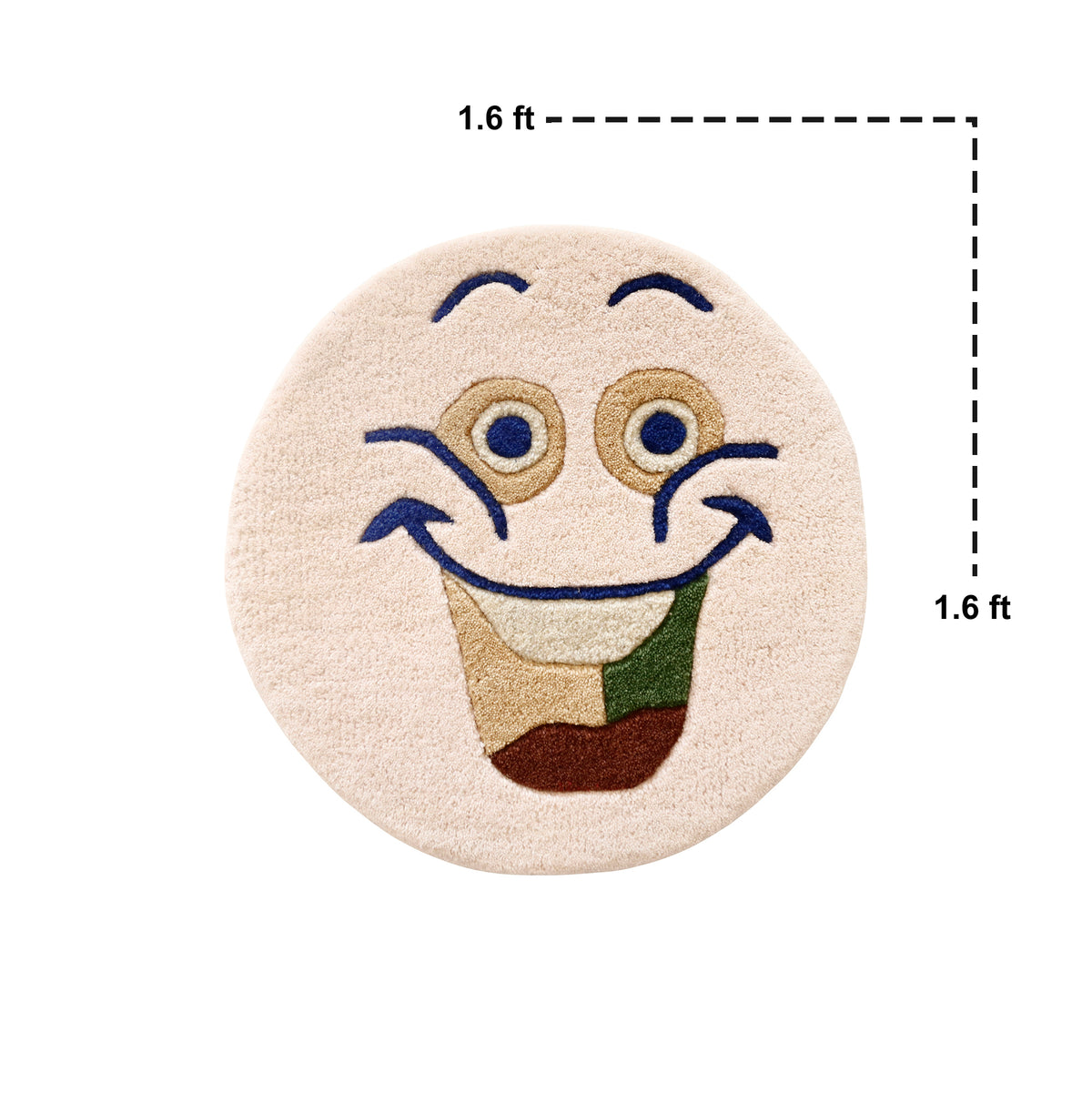 Close-up of cream happy face hand tufted wool kids rug highlighting its soft wool texture, plush pile and raised colourful facial details.