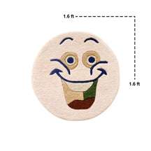 Close-up of cream happy face hand tufted wool kids rug highlighting its soft wool texture, plush pile and raised colourful facial details.