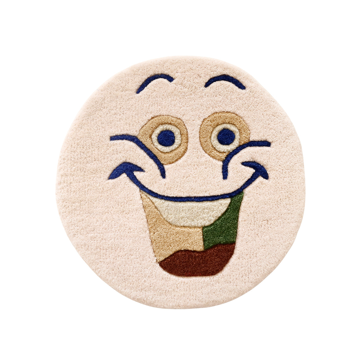 Full view of cream round hand tufted wool kids rug featuring a joyful cartoon face with navy blue, beige, ivory, green and rust details.