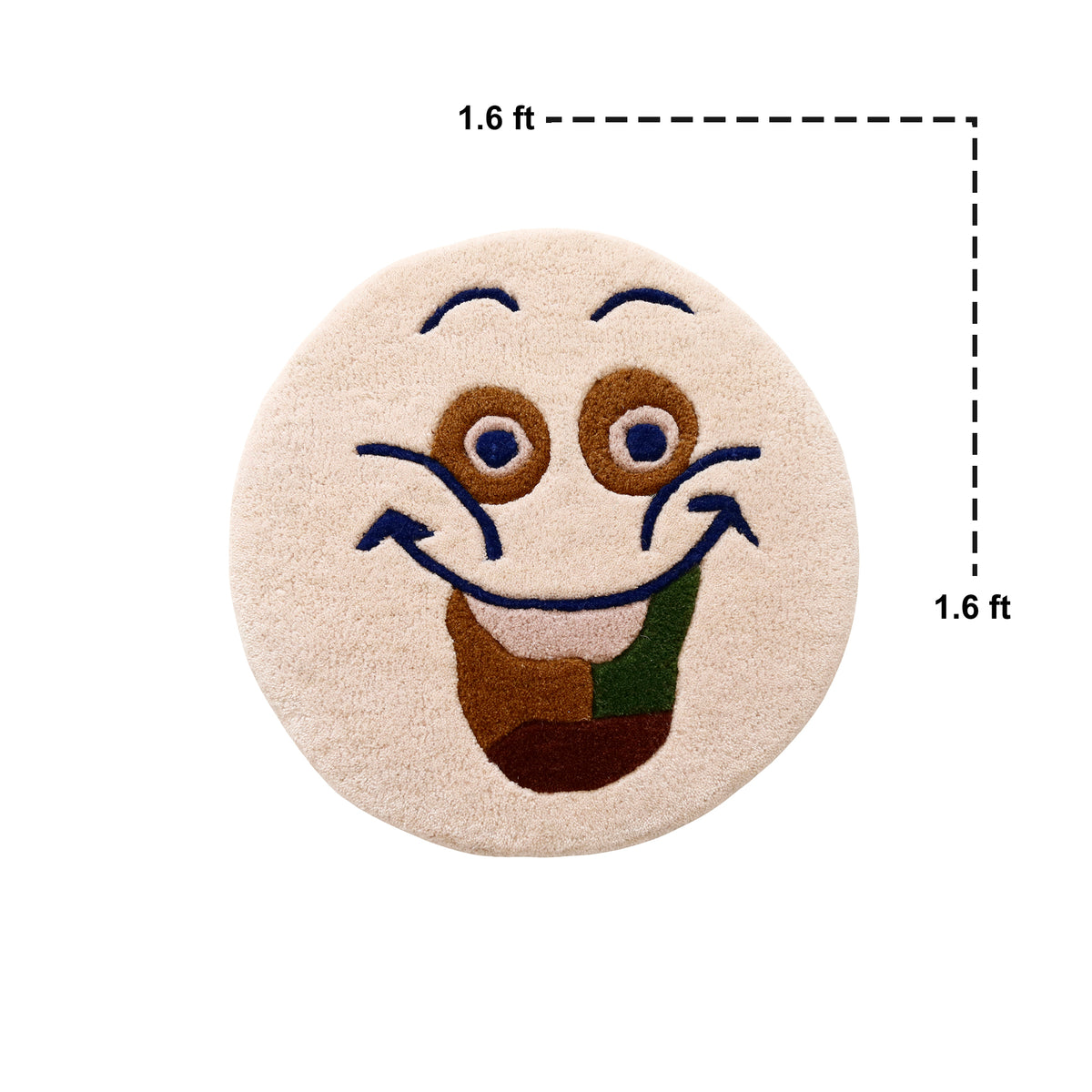 Close-up of cream smiling face hand tufted wool kids rug highlighting its soft wool texture, plush pile and raised colourful facial details.