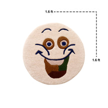 Close-up of cream smiling face hand tufted wool kids rug highlighting its soft wool texture, plush pile and raised colourful facial details.