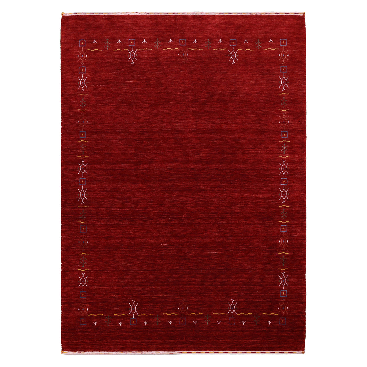 Full view of deep red Hand Woven Loom Lori wool rug with spacious open centre and multicolour symbolic tribal border