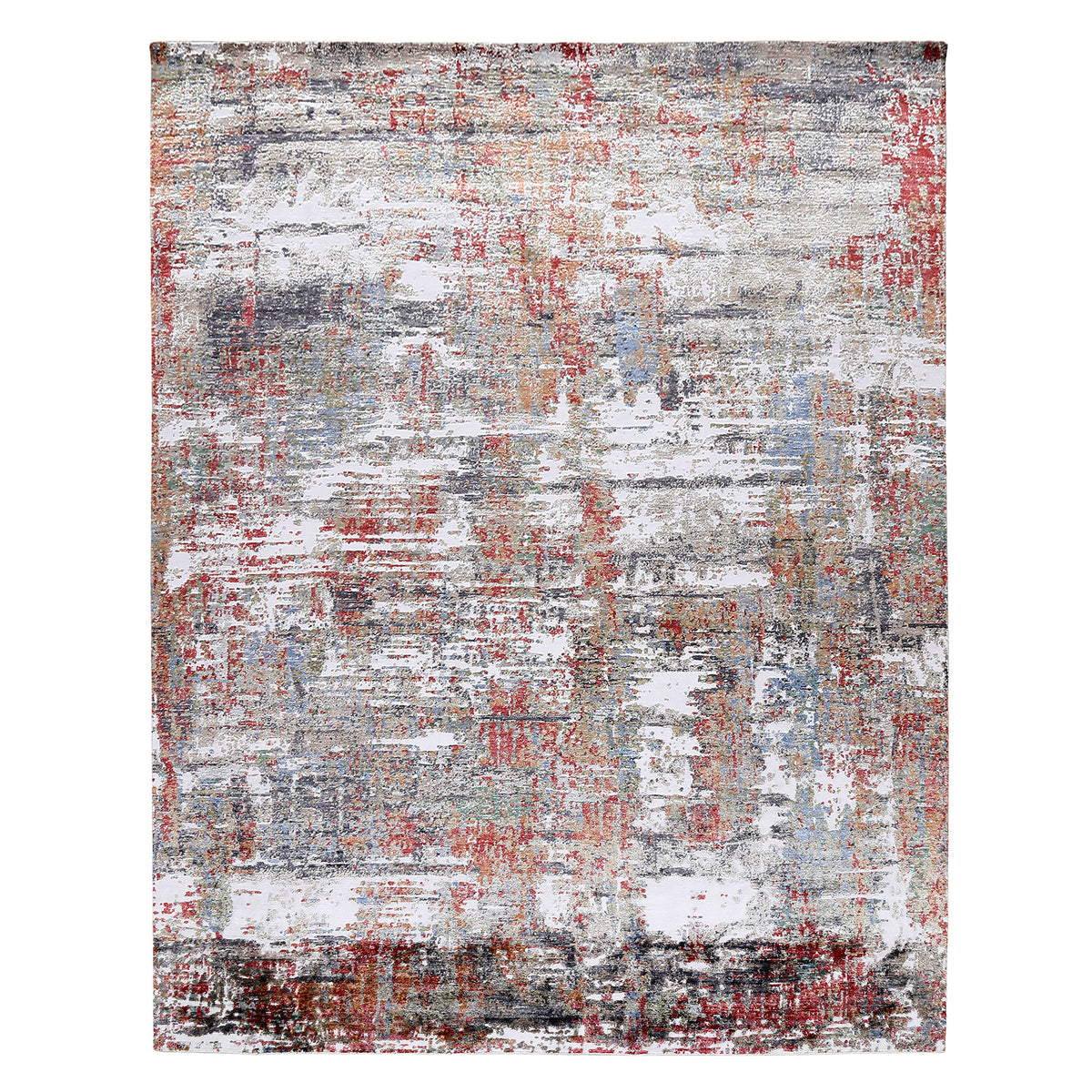 Crimson Mist hand knotted viscose rug in ivory silver grey red rust and muted blue abstract distressed design