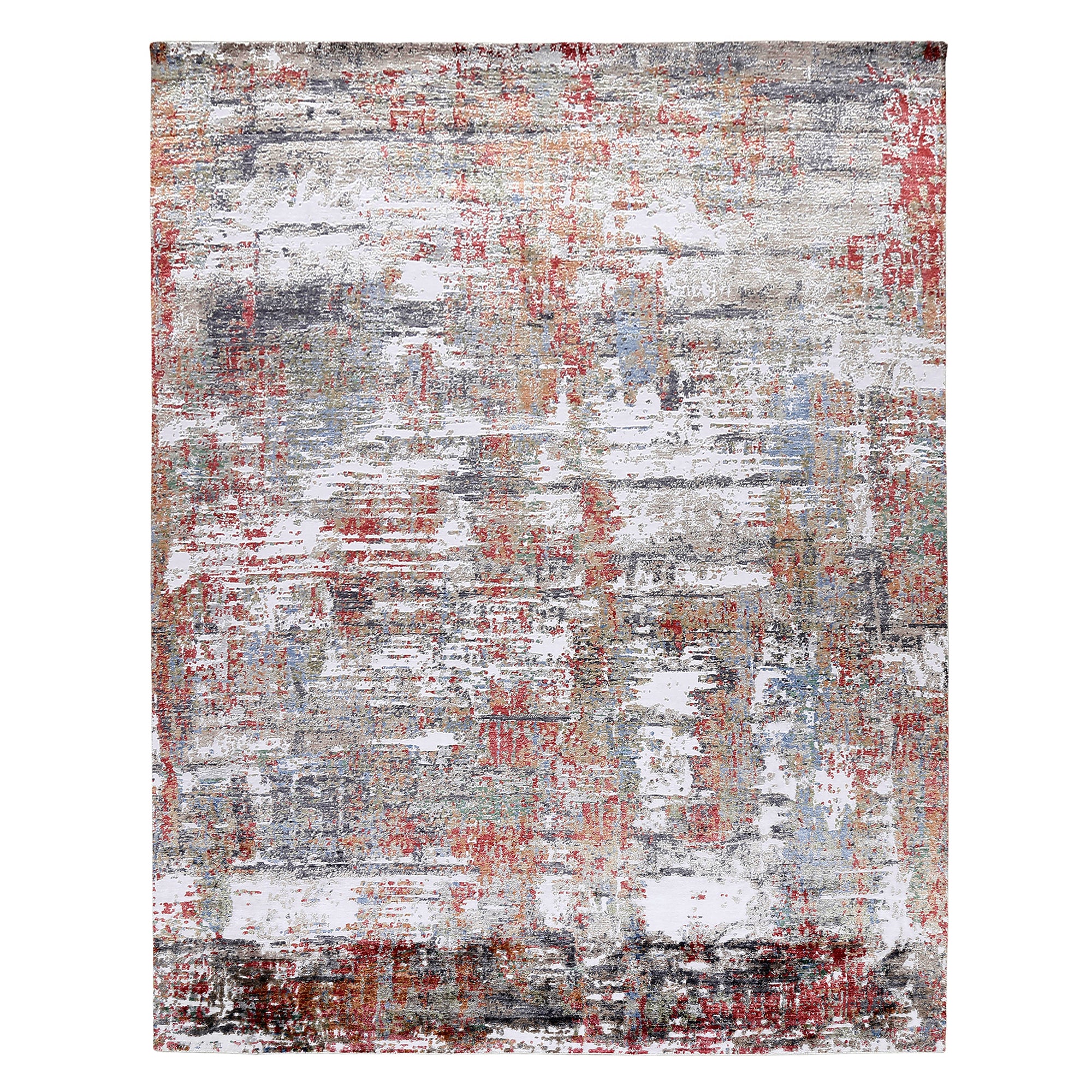 Crimson Mist hand knotted viscose rug in ivory silver grey red rust and muted blue abstract distressed design