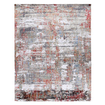 Crimson Mist hand knotted viscose rug in ivory silver grey red rust and muted blue abstract distressed design