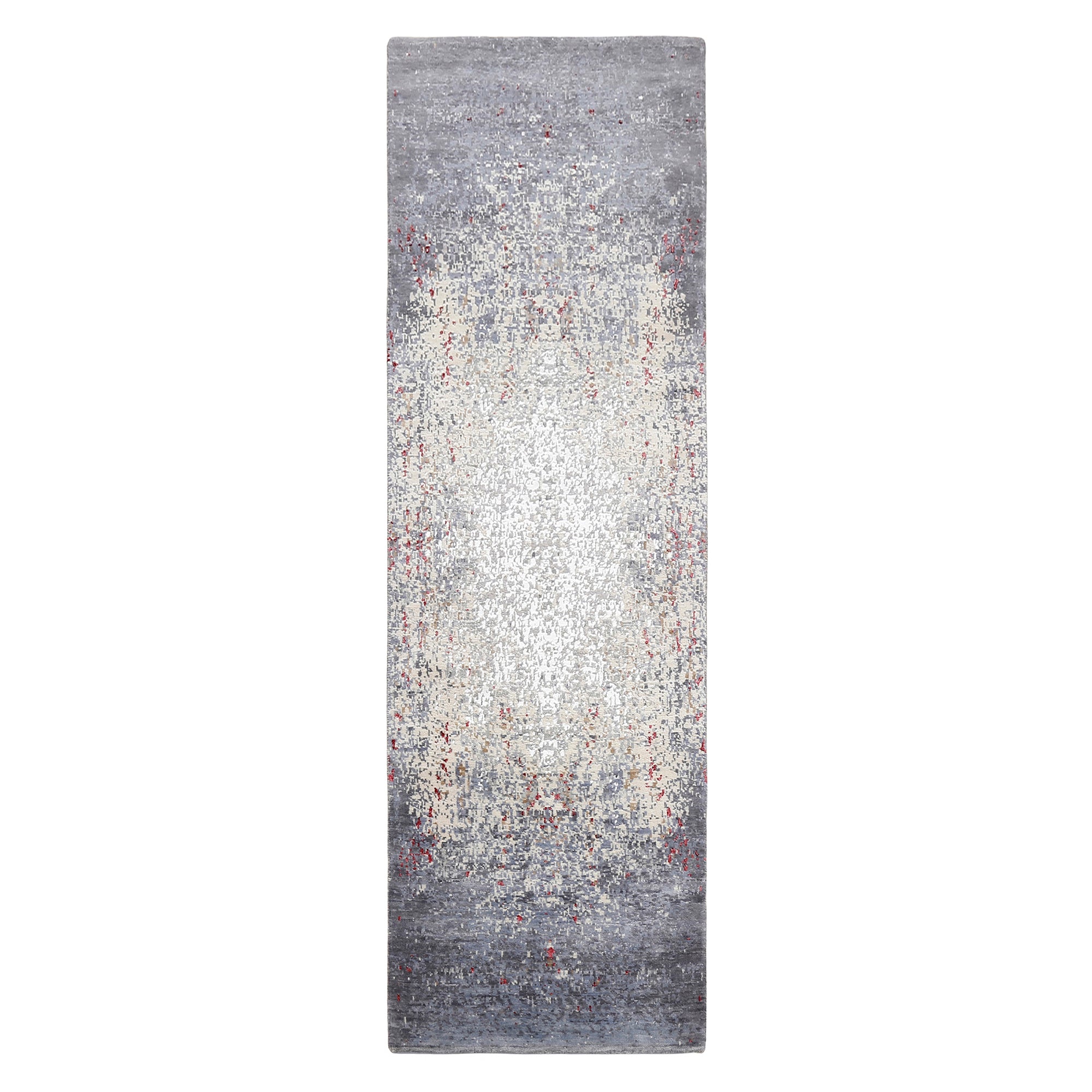 Crimson Mist hand knotted runner rug in silver grey ivory beige and muted red abstract distressed design