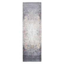 Crimson Mist hand knotted runner rug in silver grey ivory beige and muted red abstract distressed design