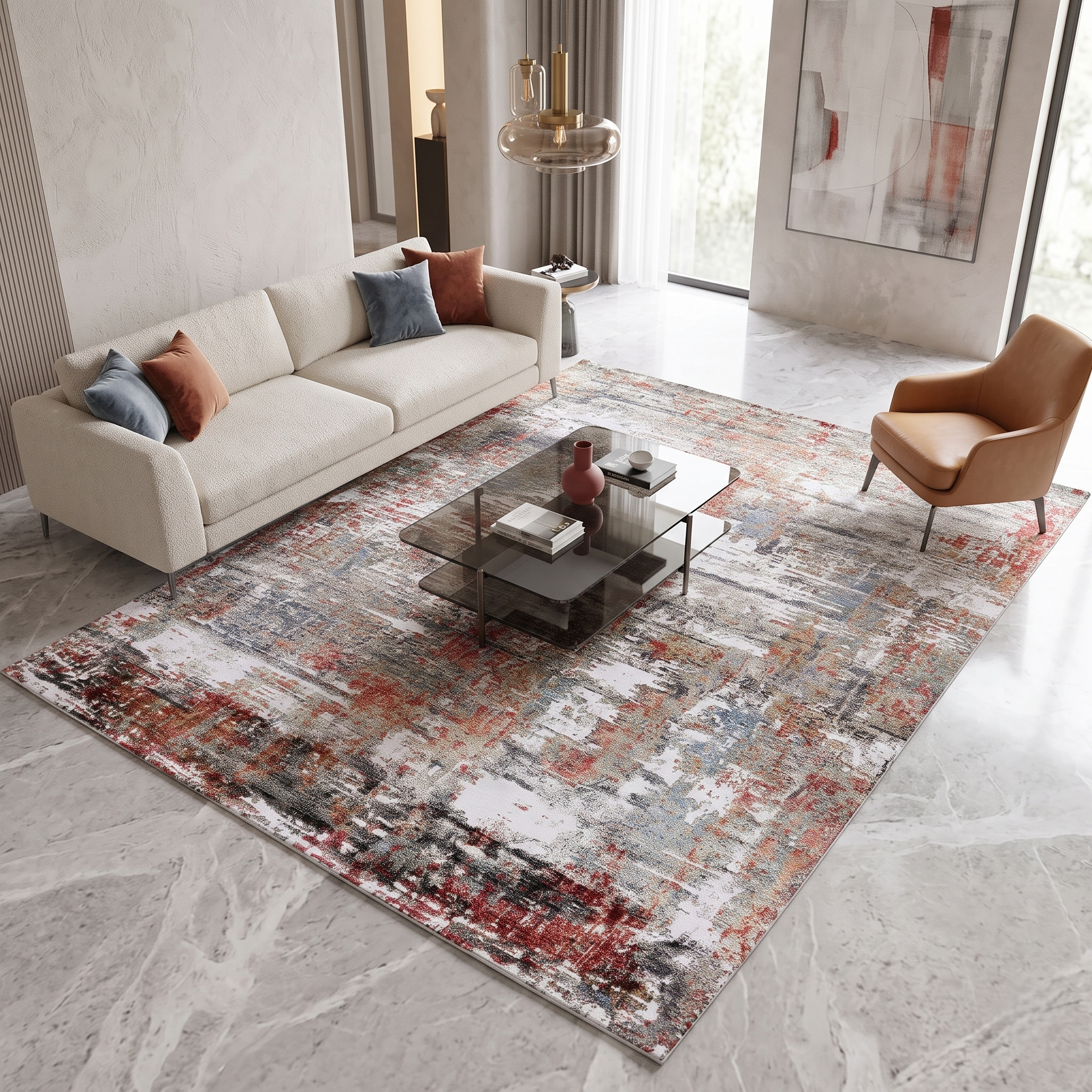 Crimson Mist hand knotted viscose rug displayed in a contemporary luxury living room
