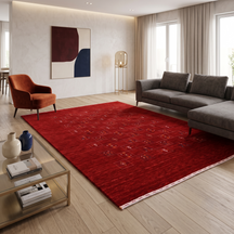 Crimson red Hand Woven Loom Lori wool rug with central multicolour tribal geometric grid motifs styled in an elegant living room