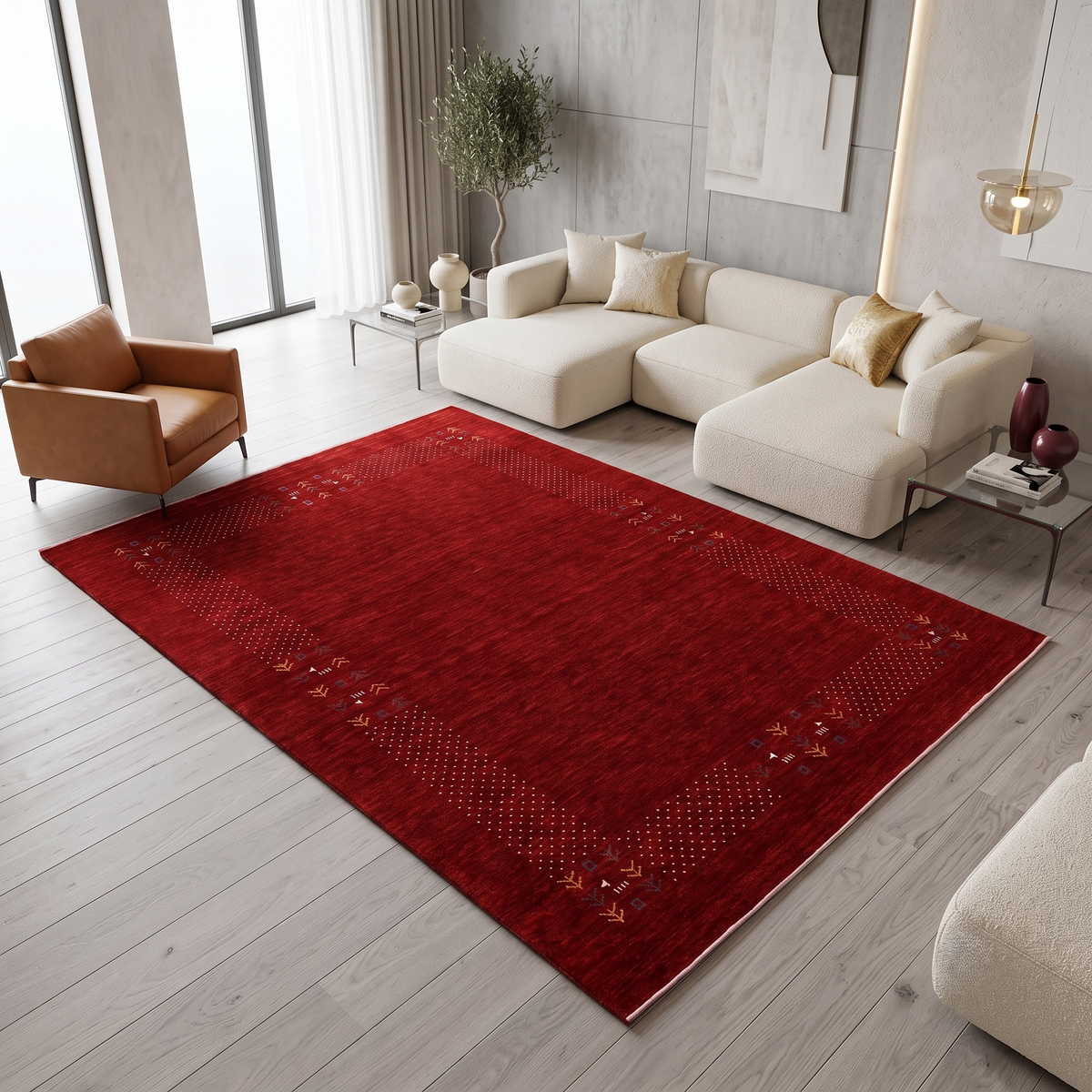 Crimson red Hand Woven Loom Lori wool rug with ivory dotted tribal folk border styled in a warm contemporary living room