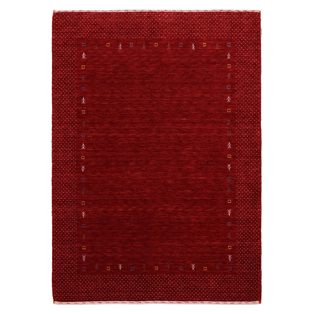 Full view of deep red Hand Woven Loom Lori wool rug with spacious centre, multicolour tribal symbols and ivory dotted border