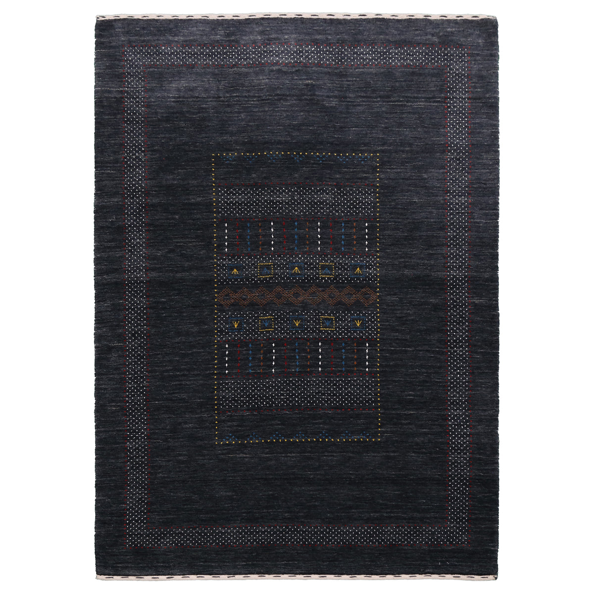 Full view of charcoal black Hand Woven Loom Lori wool rug with central multicolour tribal panel and broad dotted border