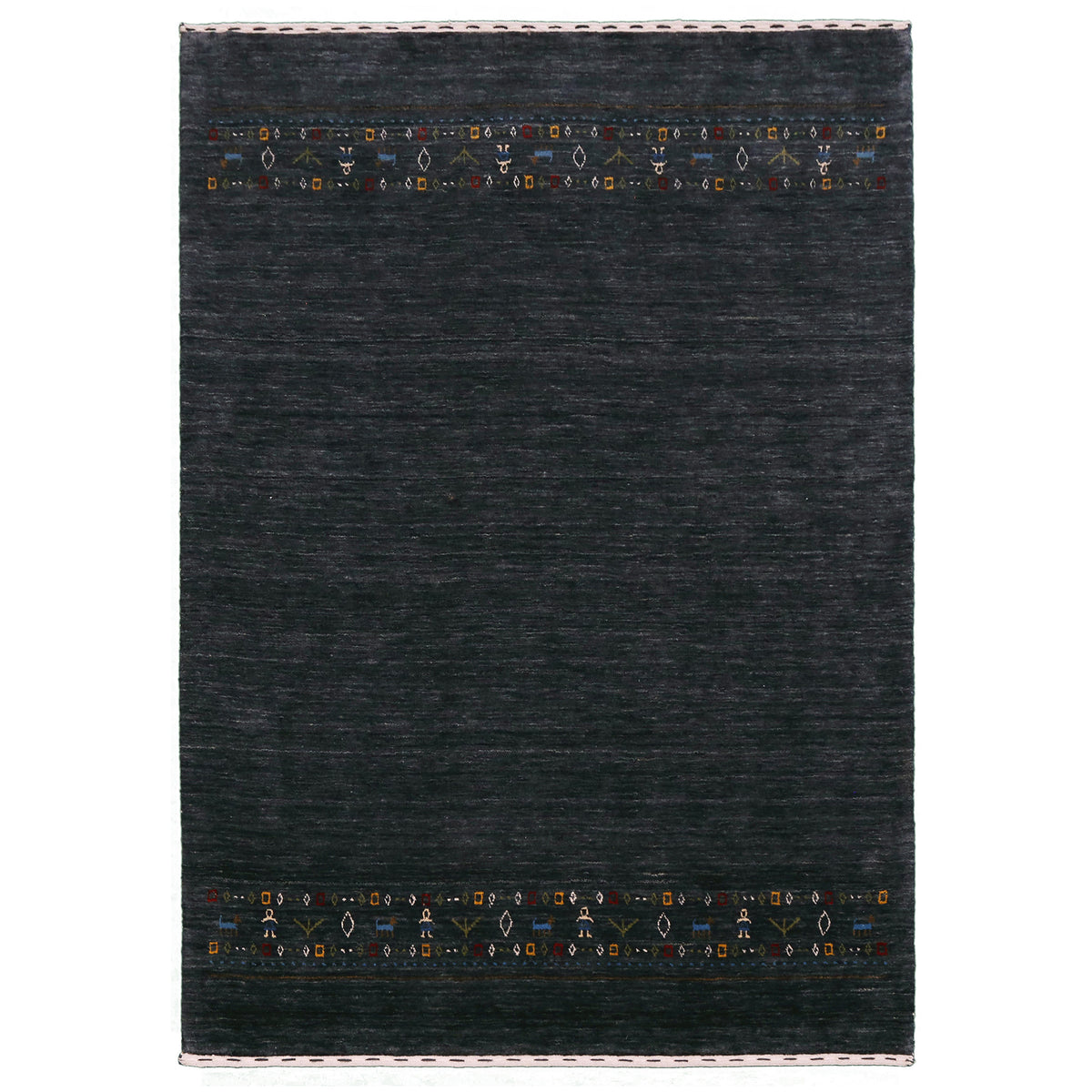 Full view of charcoal black Hand Woven Loom Lori wool rug with spacious centre and multicolour tribal motif bands