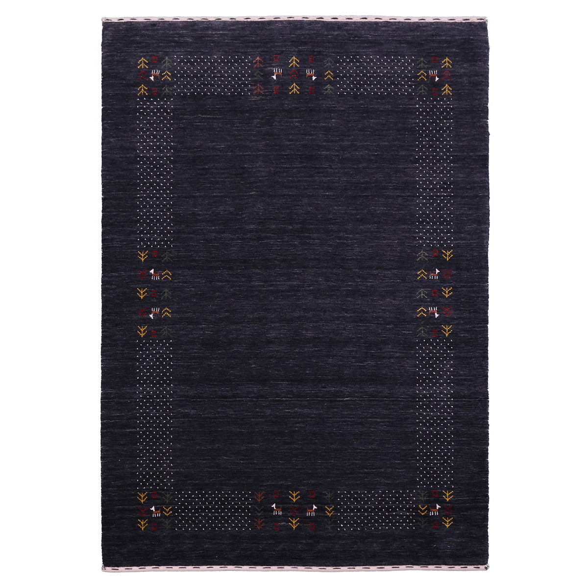 Full view of charcoal black Hand Woven Loom Lori wool rug with spacious centre and multicolour dotted tribal folk border