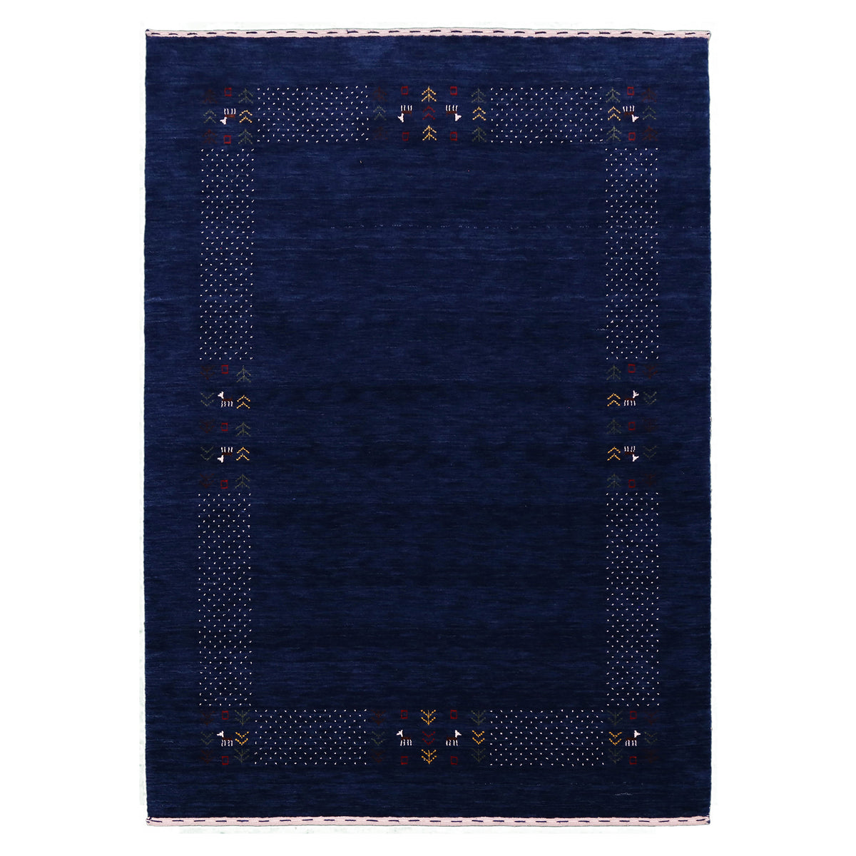 Full view of navy blue Hand Woven Loom Lori wool rug with spacious centre and multicolour dotted tribal folk border