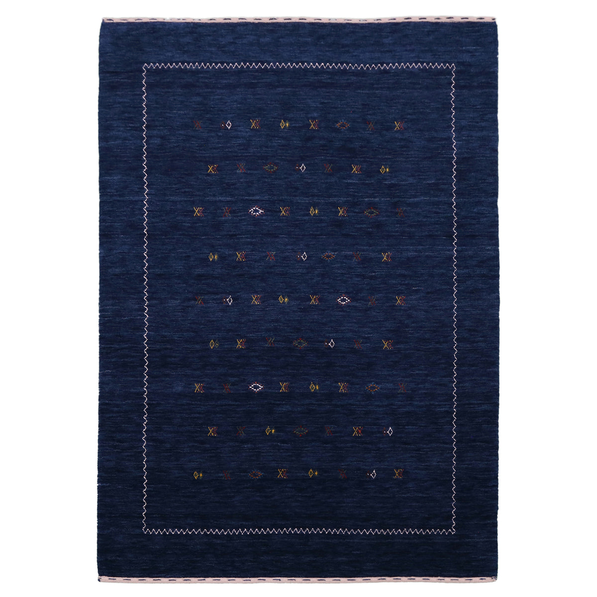 Full view of navy blue Hand Woven Loom Lori wool rug with horizontal rows of multicolour geometric motifs and ivory zigzag border