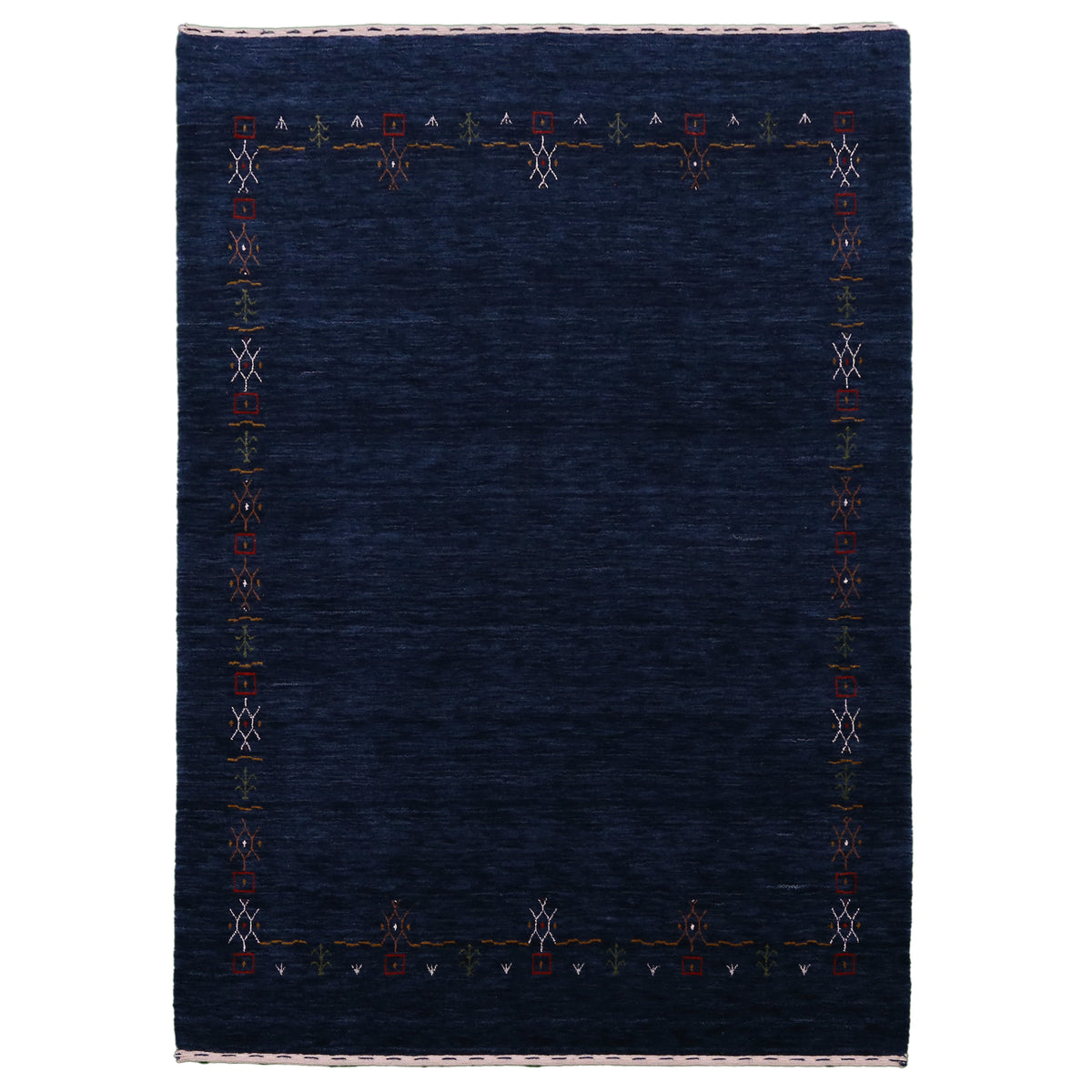 Full view of navy blue Hand Woven Loom Lori wool rug with spacious open centre and multicolour tribal border motifs