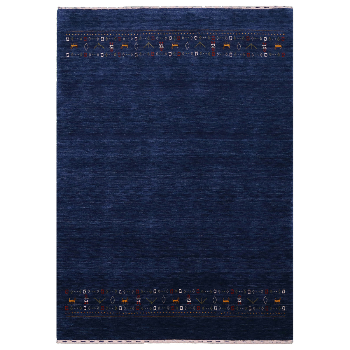 Full view of navy blue Hand Woven Loom Lori wool rug with spacious plain centre and decorative tribal motif bands