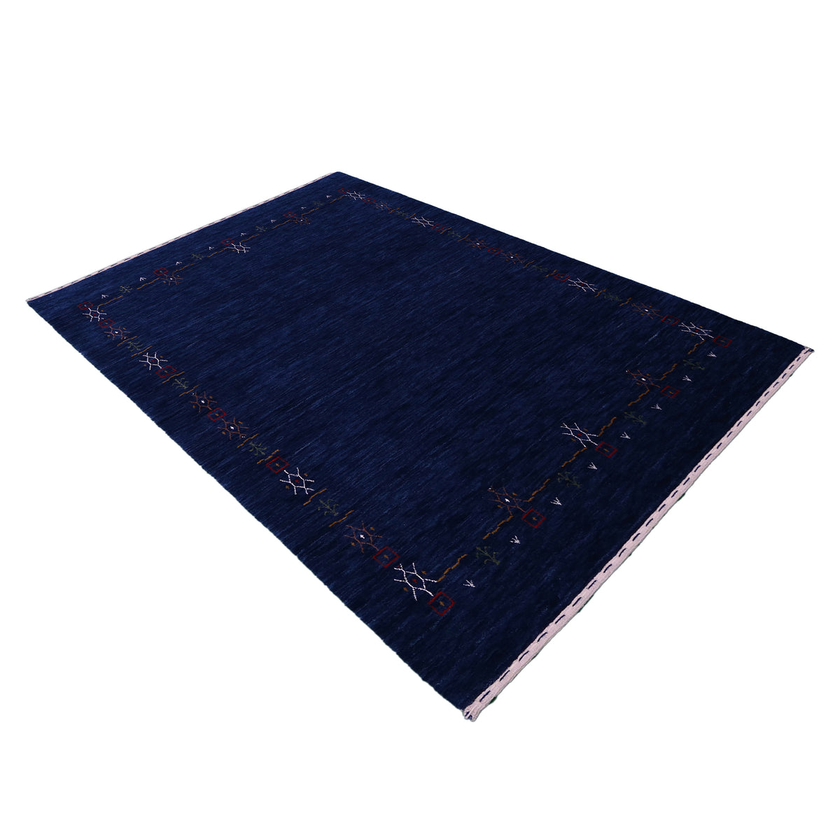 Side perspective of navy blue Hand Woven Loom Lori wool rug highlighting natural wool texture and refined tribal border design