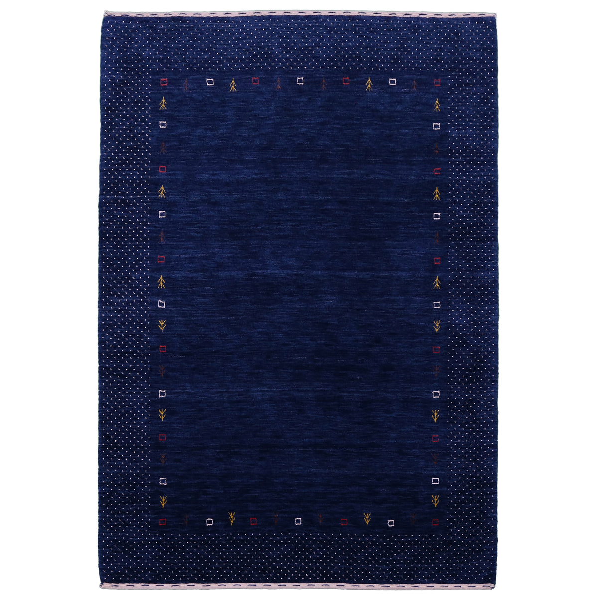 Full view of navy blue Hand Woven Loom Lori wool rug with spacious centre, multicolour tribal symbols and ivory dotted border