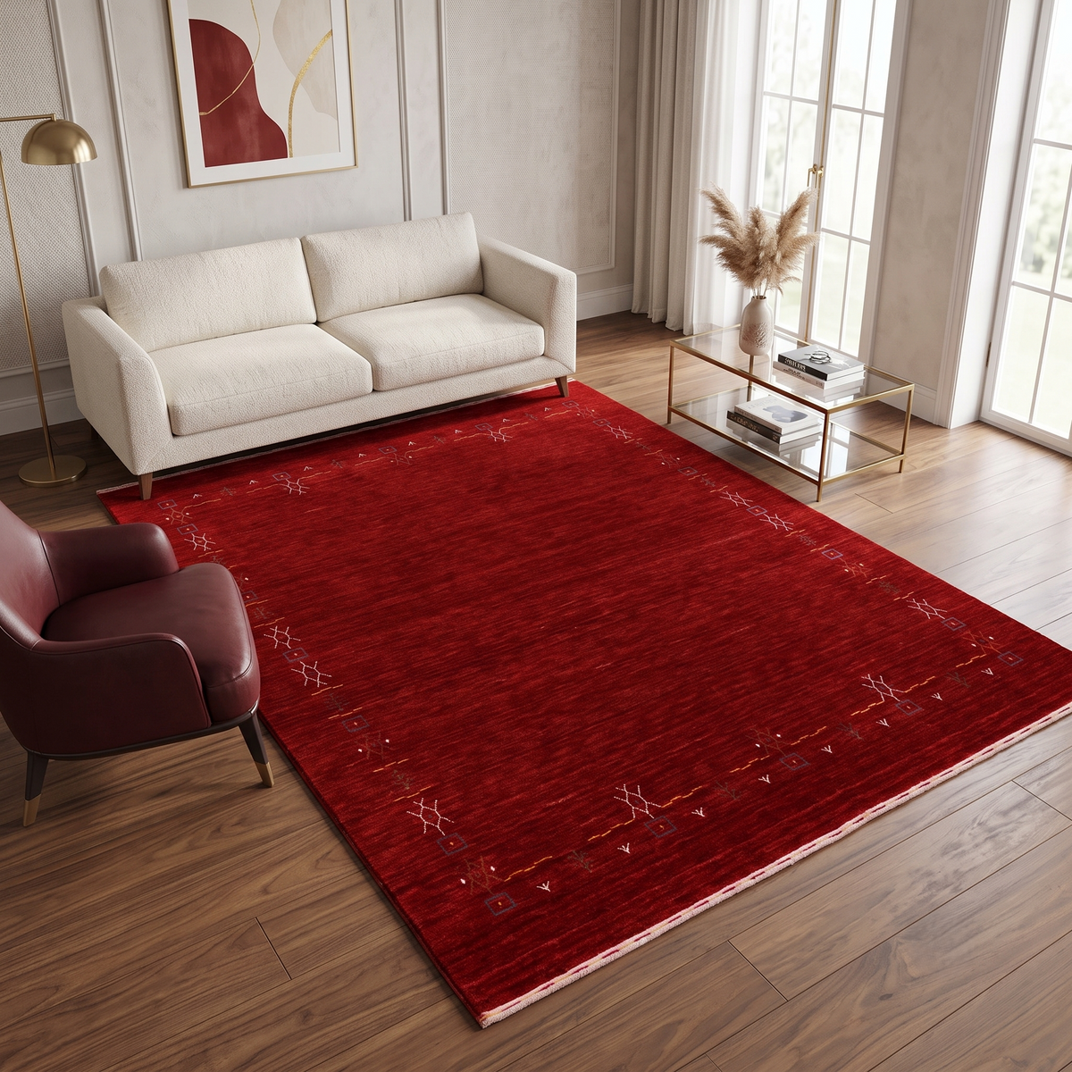 Deep red Hand Woven Loom Lori wool rug with minimal tribal symbol border styled in an elegant contemporary living room