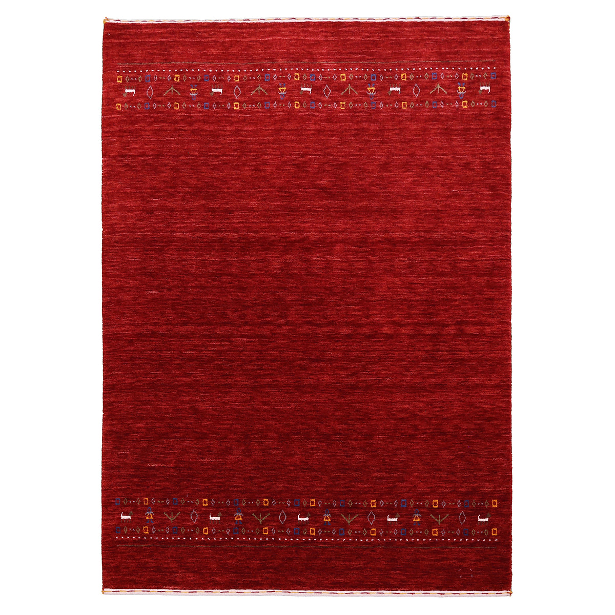 Full view of crimson red Hand Woven Loom Lori wool rug with spacious plain centre and multicolour tribal border bands