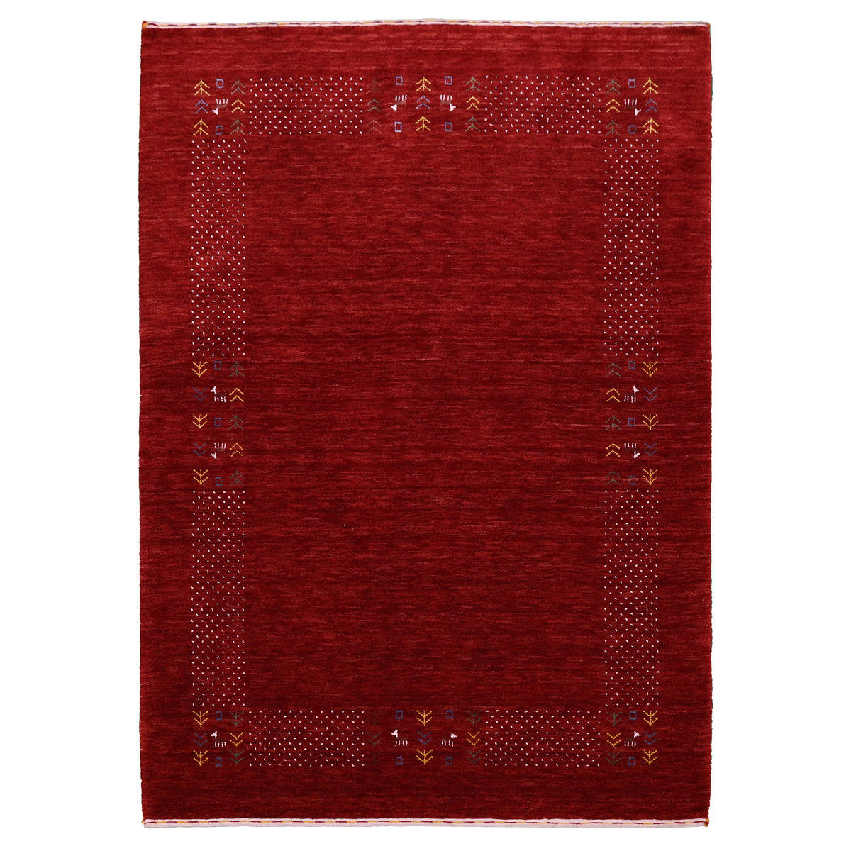 Full view of crimson red Hand Woven Loom Lori wool rug with spacious centre and multicolour dotted tribal folk border