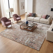 Desert Bloom hand knotted modern wool and viscose rug displayed in a contemporary neutral living room