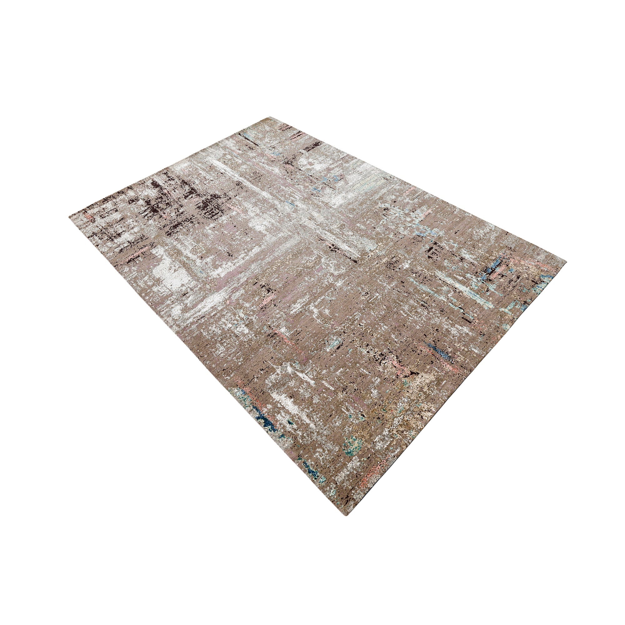 Desert Bloom hand knotted modern rug in beige taupe ivory blush aqua and blue abstract distressed design