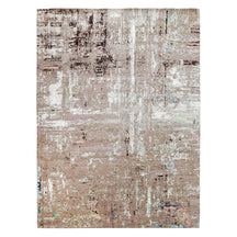 Desert Bloom hand knotted modern rug in beige taupe ivory blush aqua and blue abstract distressed design