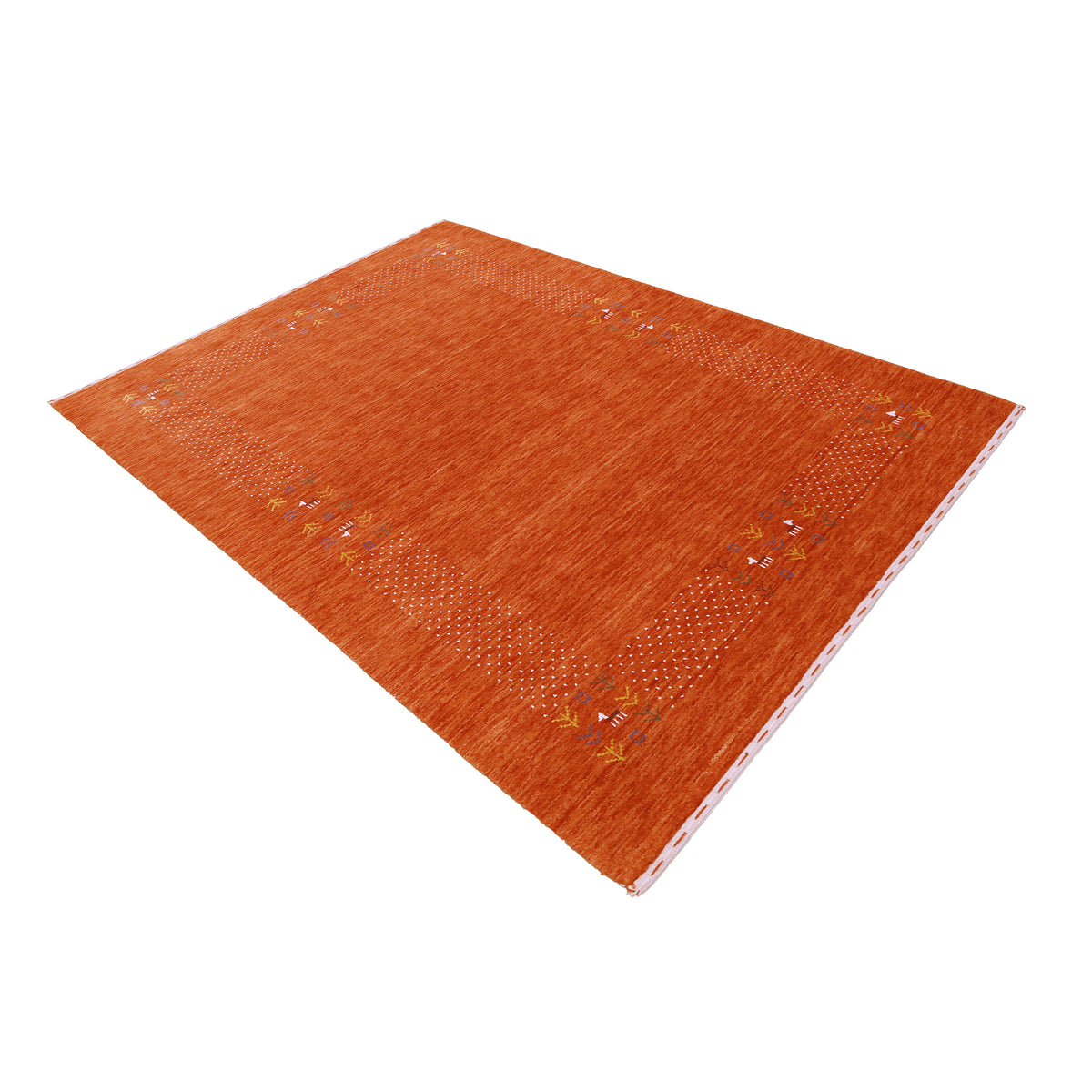 Side perspective of terracotta orange Hand Woven Loom Lori wool rug highlighting natural texture and decorative dotted tribal border