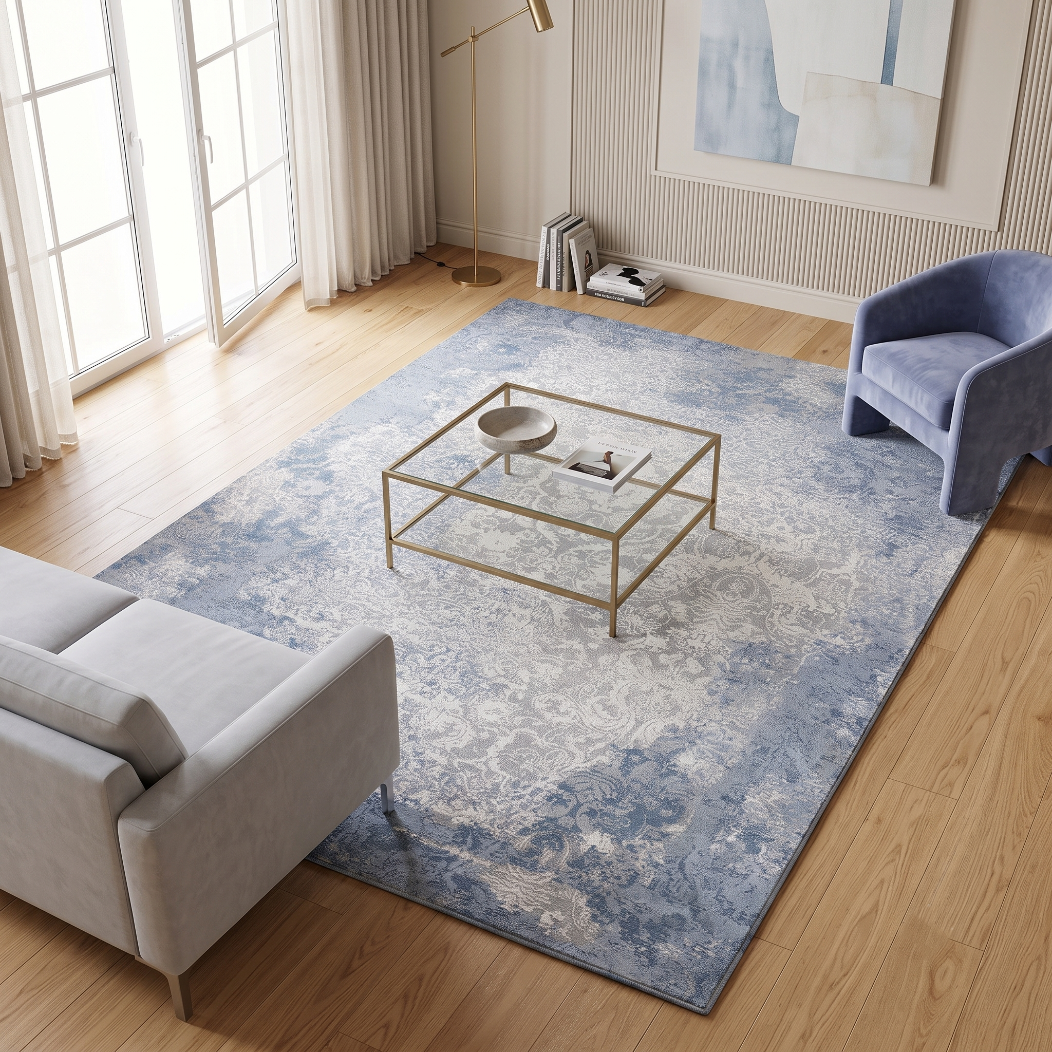 Frost blue distressed damask hand knotted wool and viscose rug displayed in a modern neutral living room