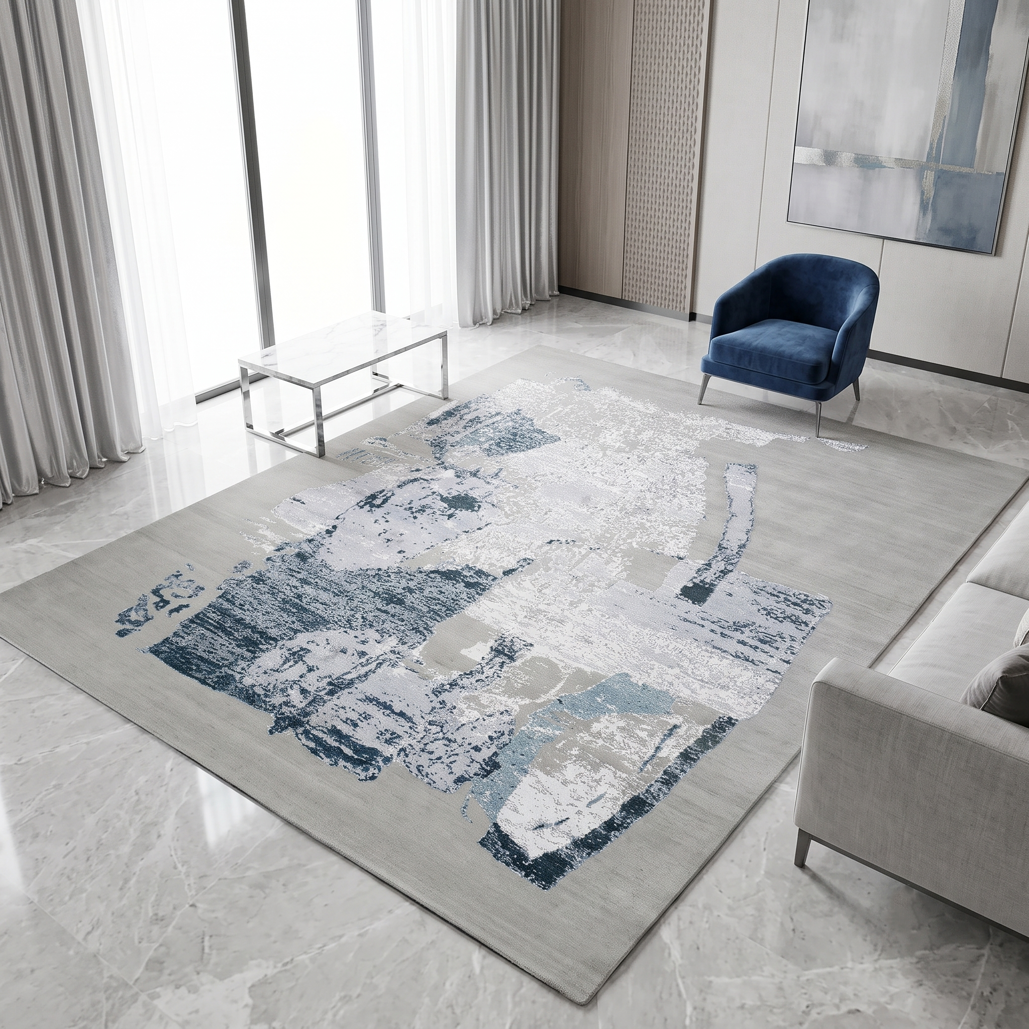 Frosted Echo hand knotted modern wool and viscose rug displayed in a contemporary living room
