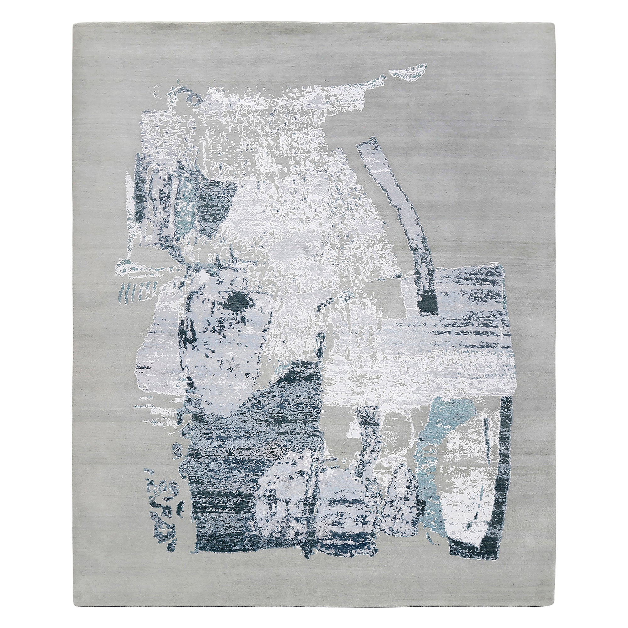 Frosted Echo hand knotted modern rug in light grey ivory silver and blue abstract textured design