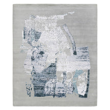 Frosted Echo hand knotted modern rug in light grey ivory silver and blue abstract textured design