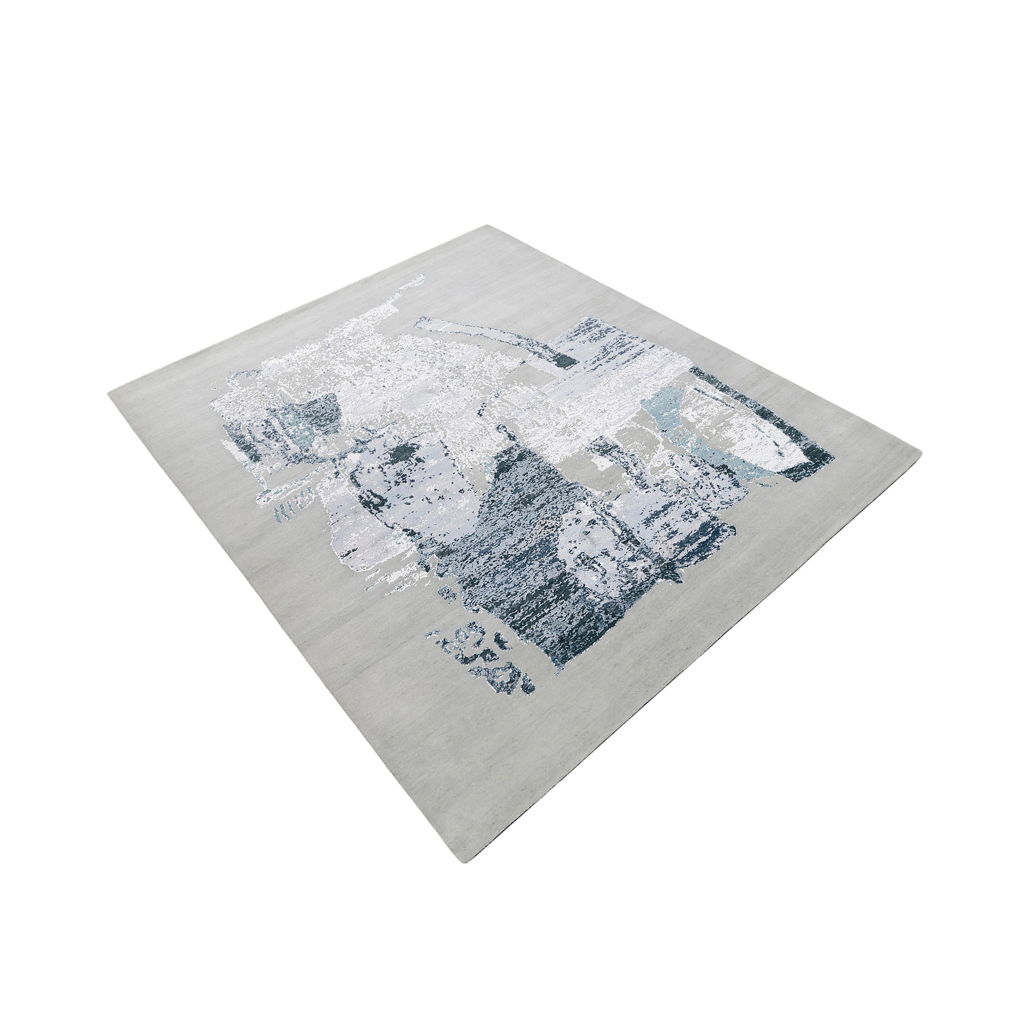 Frosted Echo hand knotted modern rug in light grey ivory silver and blue abstract textured design