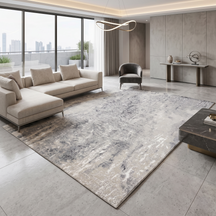 Glacier Whisper hand knotted modern wool and viscose rug displayed in a contemporary neutral living room