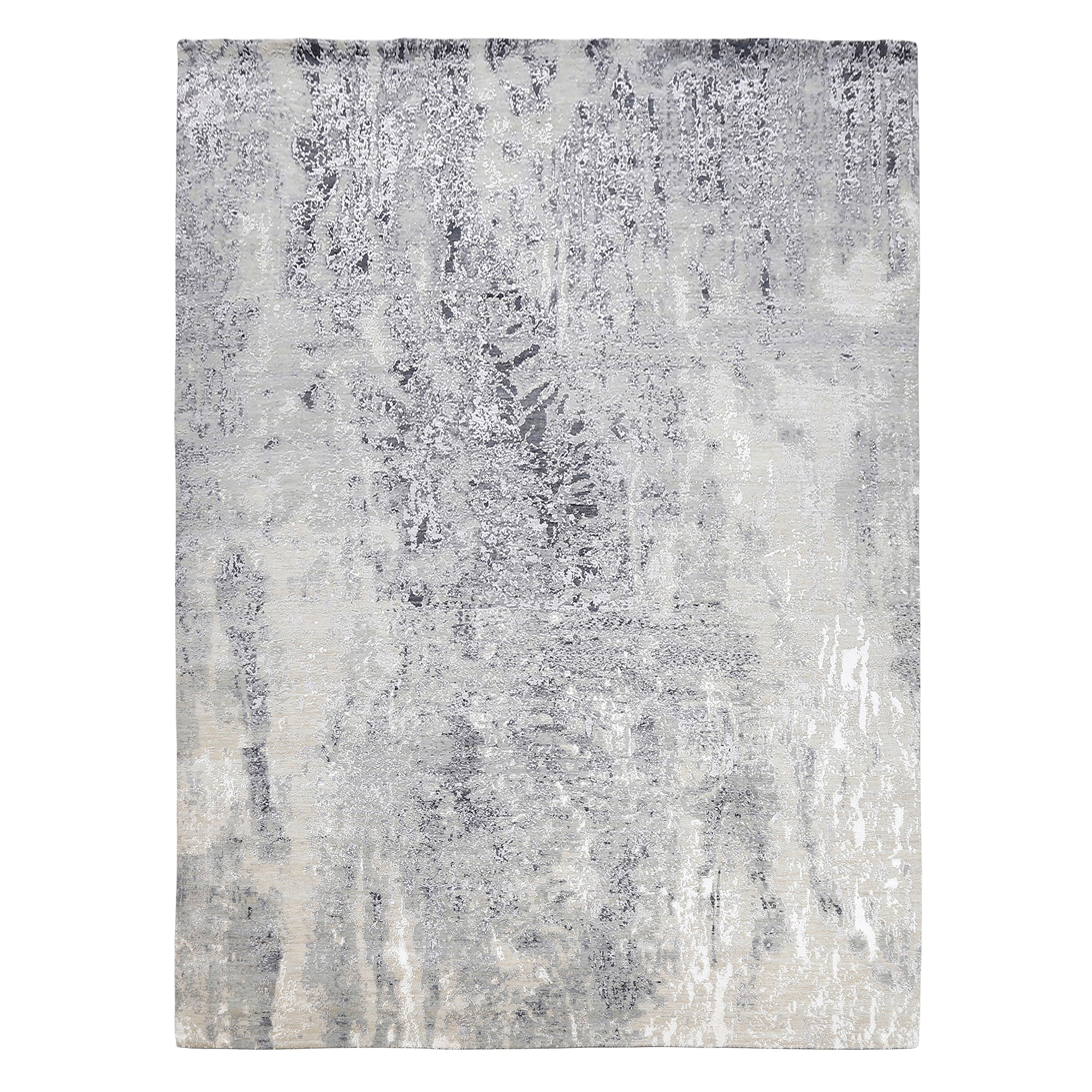 Glacier Whisper hand knotted modern rug in silver grey ivory beige taupe and charcoal abstract distressed design