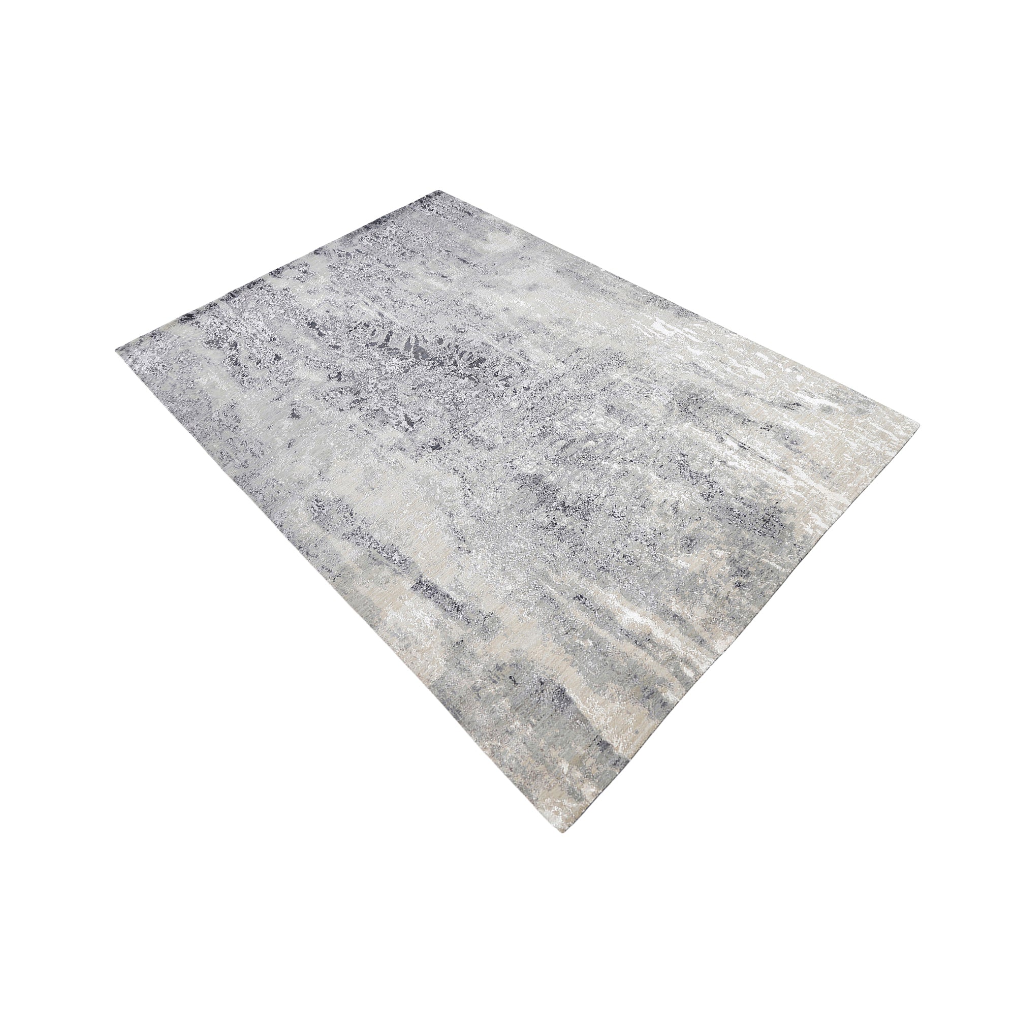 Glacier Whisper hand knotted modern rug in silver grey ivory beige taupe and charcoal abstract distressed design