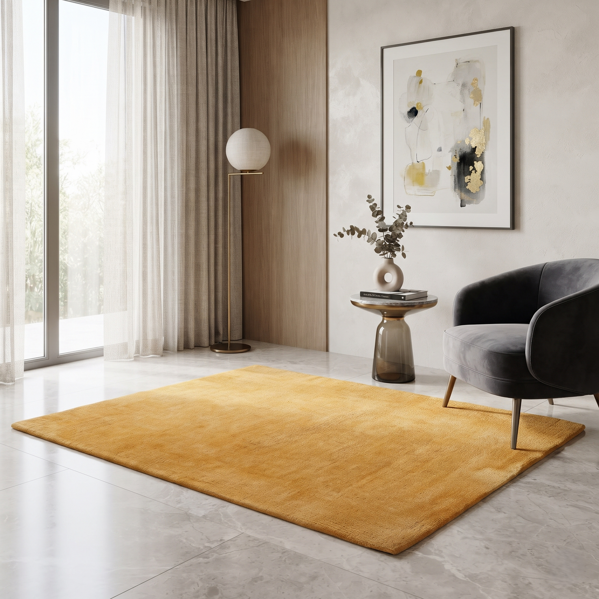 Gold hand woven Loom Lori wool rug styled in a modern living room with a charcoal accent chair, marble flooring, wooden wall panel and neutral décor.
