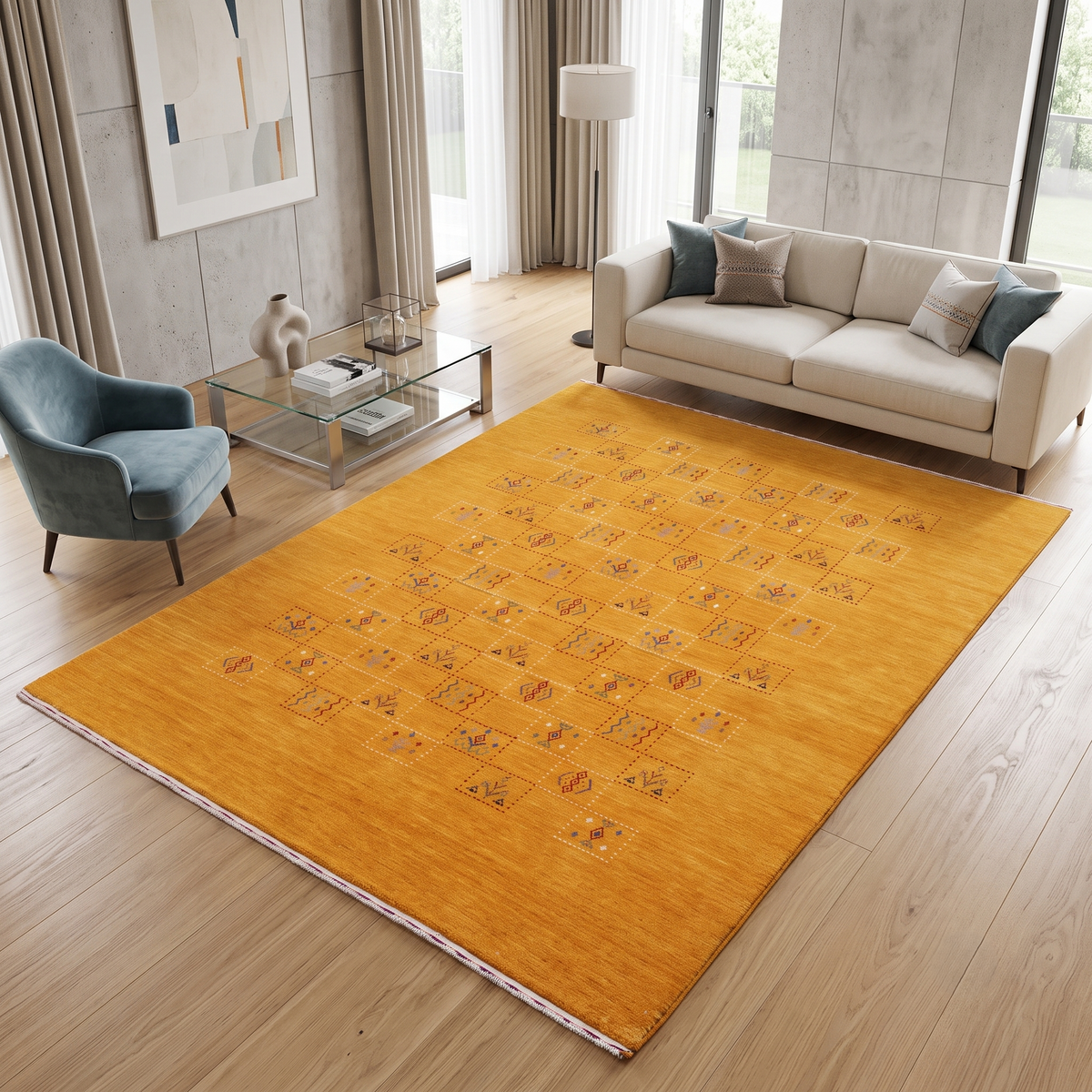Golden mustard Hand Woven Loom Lori wool rug with minimal central tribal geometric motifs styled in a warm contemporary living room